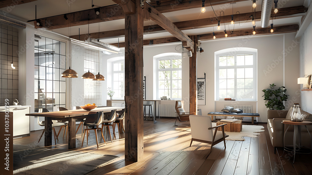 A Chic Loft Apartment with Exposed Beams and an Open Floor Plan, Featuring Modern Furnishings, Natural Light, and a Stylish Blend of Industrial and Contemporary Design Elements A Chic Loft Apartment with Exposed Beams and an Open Floor Plan, Featuring Modern Furnishings, Natural Light, and a Stylish Blend of Industrial and Contemporary Design Elements