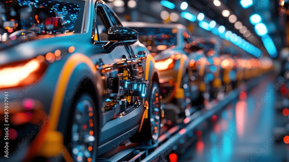Fototapeta premium The image depicts a high-tech automotive production line, showcasing cars being assembled with advanced machinery, highlighting innovation in the manufacturing industry.