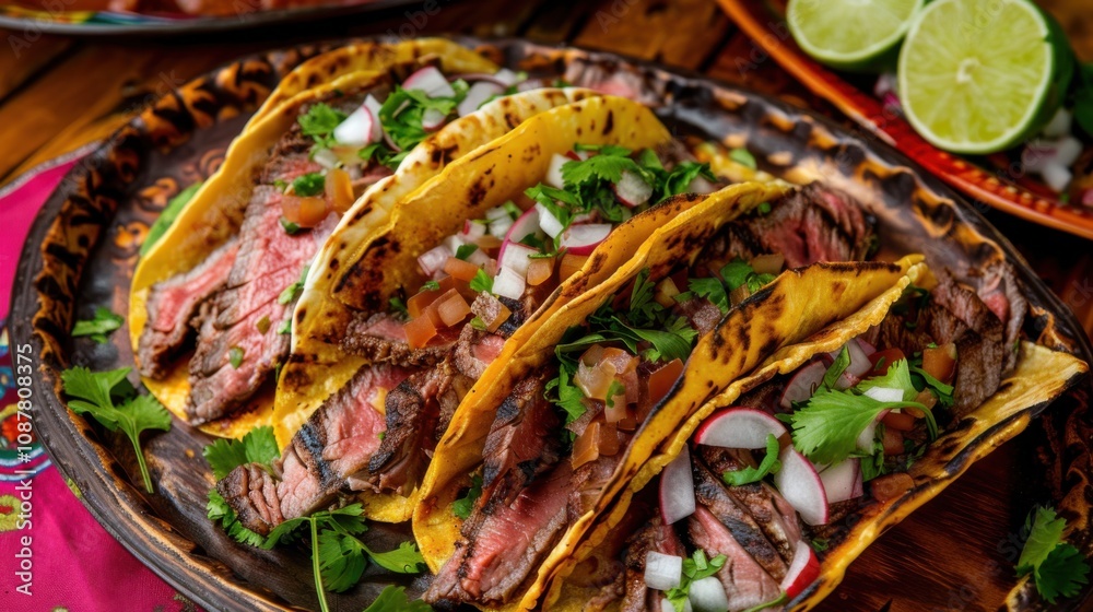A savory platter of Mexican carne asada tacos, grilled marinated steak served in corn tortillas with salsa A savory platter of Mexican carne asada tacos, grilled marinated steak served in corn tortillas with salsa
