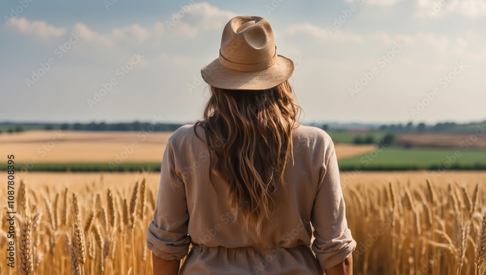Obraz premium back view a female farmer standing looking at a wheat field