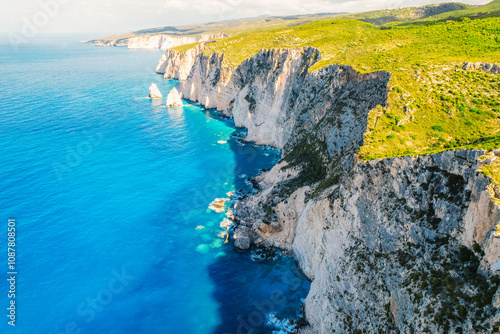 Plakaki beach on Zakynthos island or Zante Island, Greece. Beautiful views of azure sea water and nature with cliffs cave photo