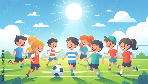 group of kids playing soccer on a sunny day flat design