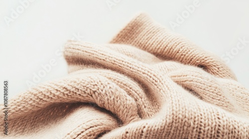 Tranquil Elegance: Close-Up of Luxurious Wool Scarf and Cashmere Sweater in Soft Tones on Textured Surface