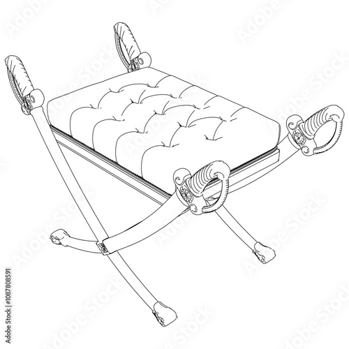Pouf line vector antique furniture, Renaissance style. For museum and palace interiors. Room decoration. Hand draw vector illustration isolated on white background.