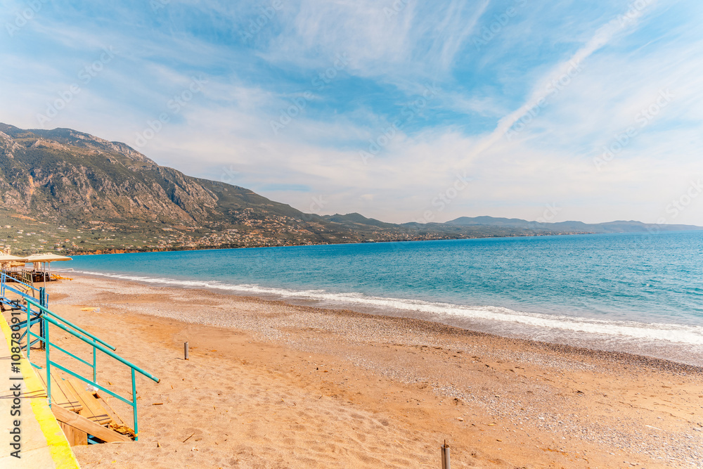 Fototapeta premium Kalamata Marina port. Blue long beach in Messenia, Peloponnese, Greece