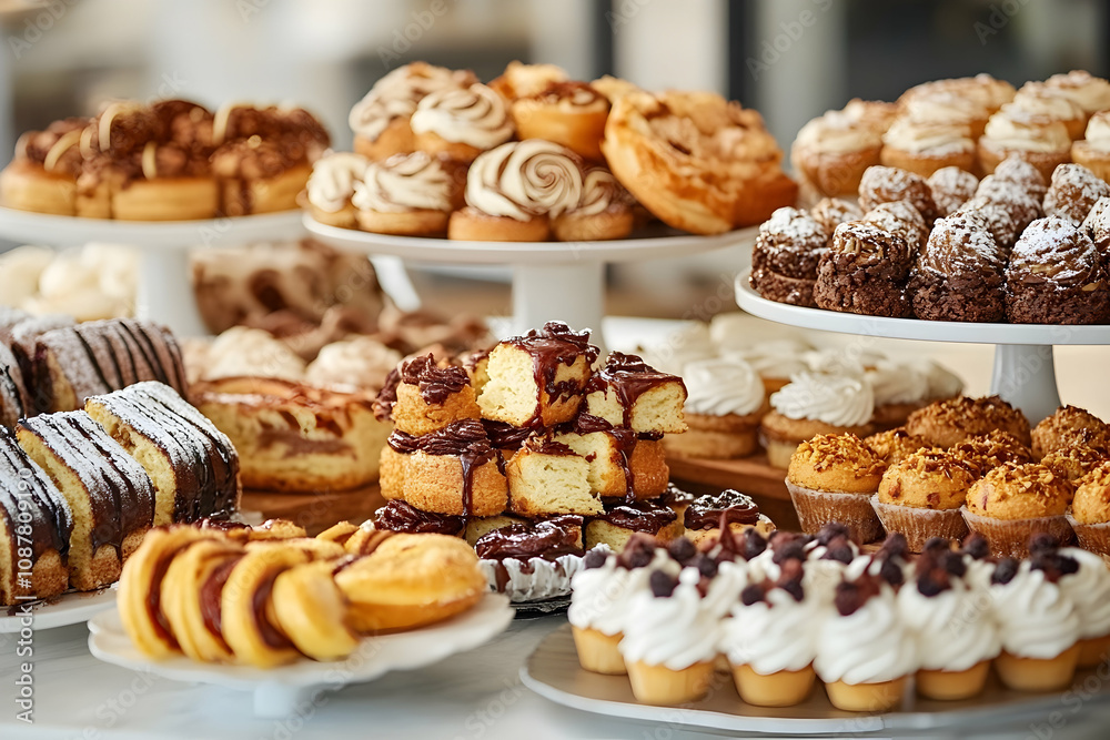 Sweet treats in a bakery showcase invite customers to indulge in delicious pastries and desserts Sweet treats in a bakery showcase invite customers to indulge in delicious pastries and desserts