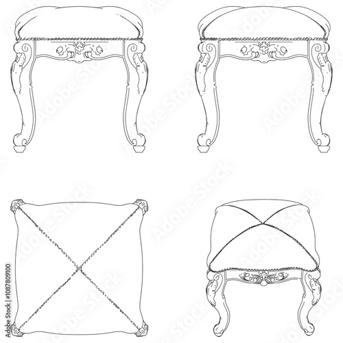 Ottomans and Poufs. Accent stools. Different kinds of classic and modern upholstered seats. Living room, bedroom, patio furniture. Vector icon collection.