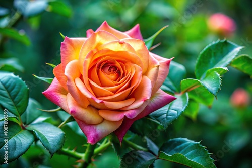 description: A striking image of a rose covered in sharp thorns and surrounded by lush green foliage photo