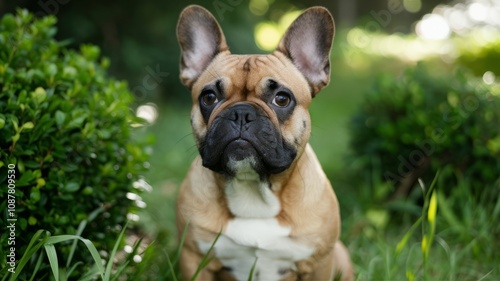 French Bulldog Portrait: A close-up of a charming french bulldog, with a smooth, fawn coat, expressive face and erect ears sitting in a grassy outdoor setting.