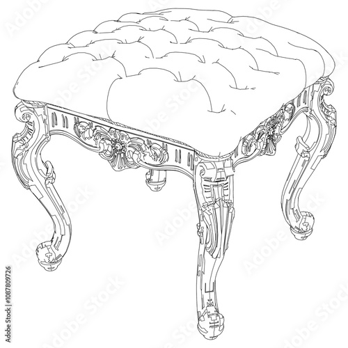 Pouf line vector antique furniture, Renaissance style. For museum and palace interiors. Room decoration. Hand draw vector illustration isolated on white background.