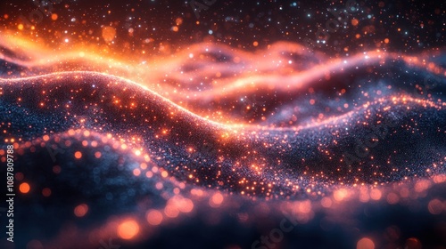 Abstract glowing particles with blue and orange colors on a black background.