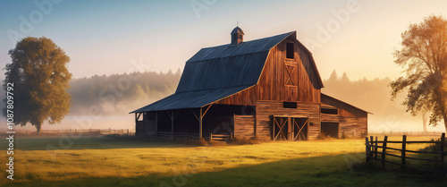 Sunlight shines on wooden barns and a split-rail fence in a misty field at sunrise, creating a peaceful rural scene.