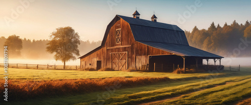 Sunlight shines on wooden barns and a split-rail fence in a misty field at sunrise, creating a peaceful rural scene.