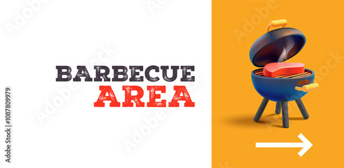 Barbeque area. BBQ. Navigation banner with arrow and realistic 3D grill with meat, and smoke. For concepts of recreation, cooking delicious food in nature, picnics. Vector illustration.