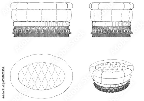 Pouf line vector antique furniture, Renaissance style. For museum and palace interiors. Room decoration. Hand draw vector illustration isolated on white background.