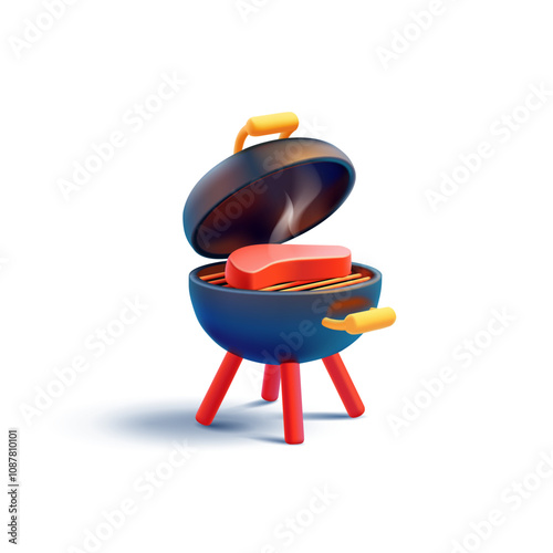 3D BBQ Grill with steak, meat, and smoke on a white background. Realistic icon for picnic, summer, and outdoor recreation concepts. Barbecue party. Vector illustration.