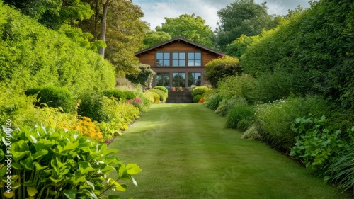 Tranquil Retreat  A captivating image captures a meticulously maintained house nestled amidst a lush  green garden  inviting serenity and a connection to nature