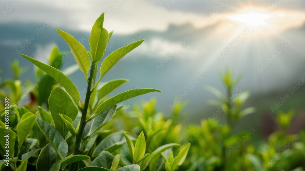Obraz premium Tea Plant under sunlight: Fresh green tea plants thrive under the morning sun, painting a picturesque landscape of growth and vitality, embracing a tranquil atmosphere
