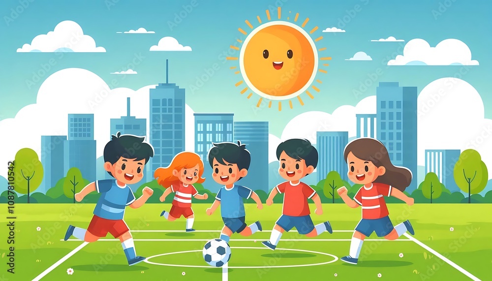 Fototapeta premium group of kids playing soccer on a sunny day flat design