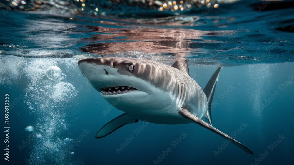 Naklejka premium The Majestic Predator: An imposing great white shark, a symbol of the ocean's power, glides just below the surface of the water.