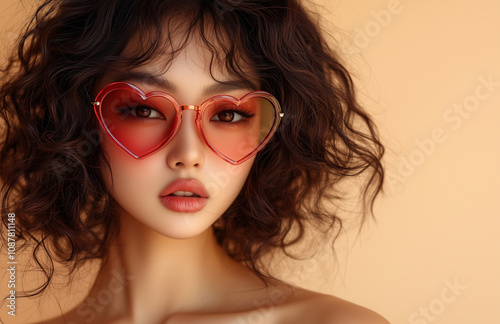 Portrait of a beautiful asian woman with big, curly hair wearing heart-shaped red sunglasses against beige background