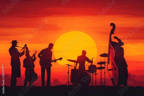 Musicians playing at sunset, jazz band performing live outdoors