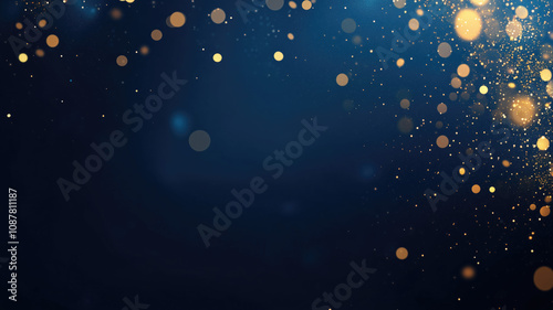 abstract background with Dark blue and gold particle. Christmas Golden light shine particles bokeh on navy blue background. Gold foil texture. Holiday concept.