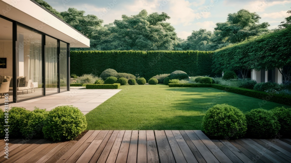 Fototapeta premium Tranquil Oasis: A modern house featuring a lush green garden, meticulously manicured hedges, and a vast lawn with a serene ambiance.