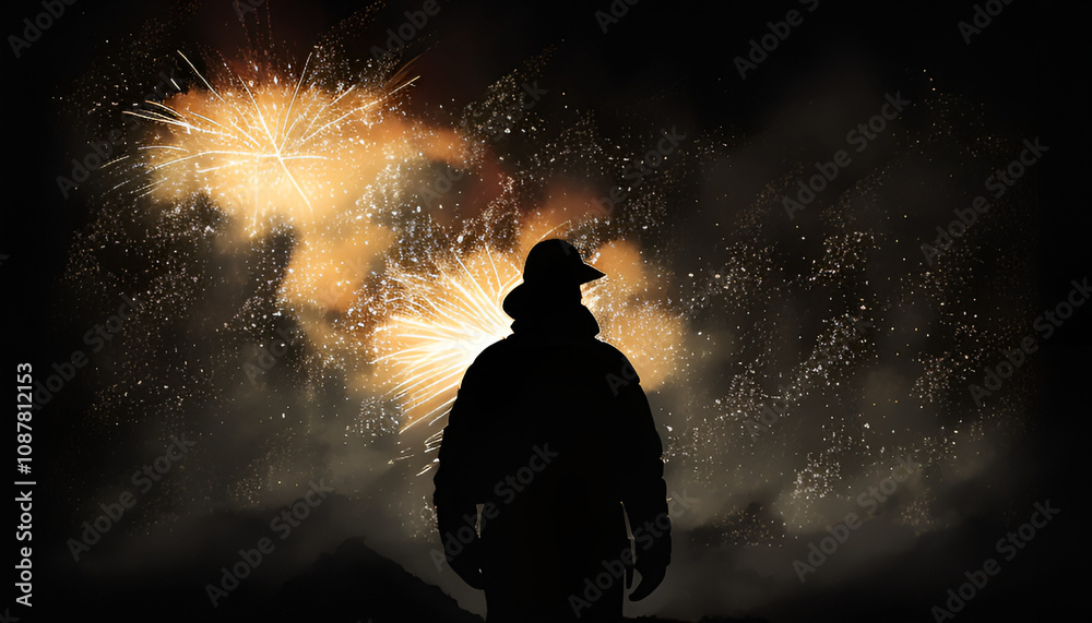 Silhouette of a person watching night fireworks, one big firework lighting up the night, a peaceful mood, suitable for articles about holidays, family traditions, childhood and positive emotions. Silhouette of a person watching night fireworks, one big firework lighting up the night, a peaceful mood, suitable for articles about holidays, family traditions, childhood and positive emotions.