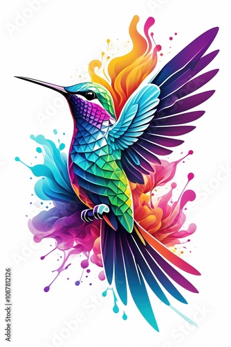 Vibrant Geometric Hummingbird Illustration with Neon Colors