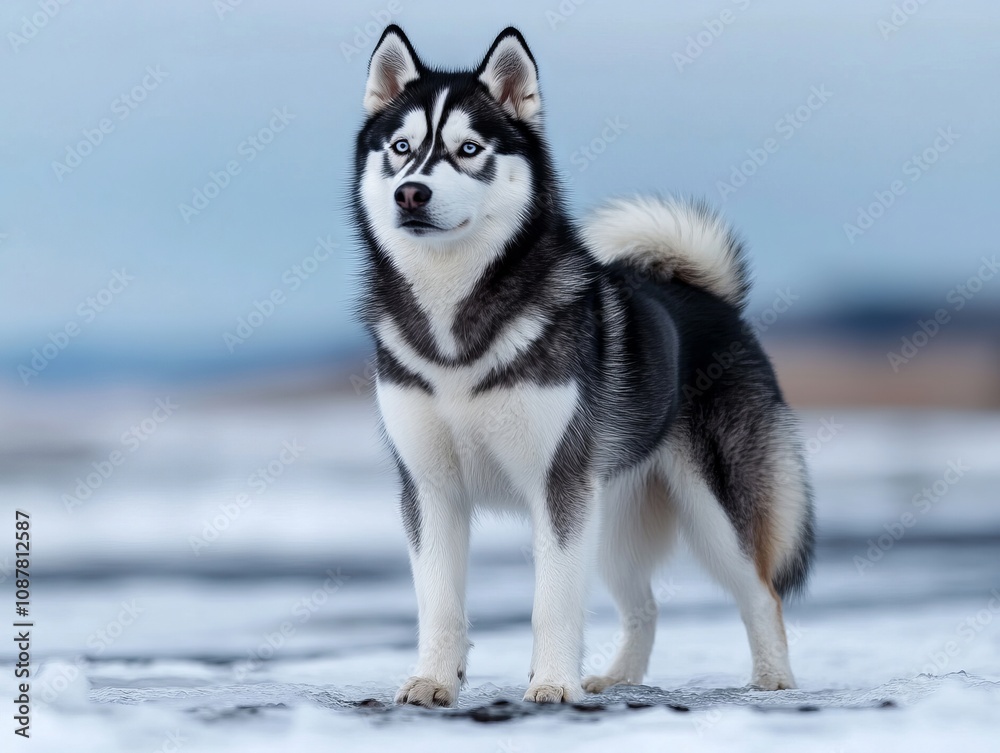 A black and white husky dog standing in the snow A black and white husky dog standing in the snow
