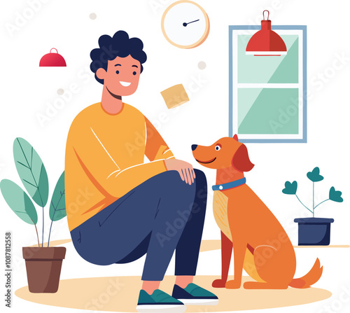 A man and his dog sitting on the floor, sharing a joyful and relaxed moment