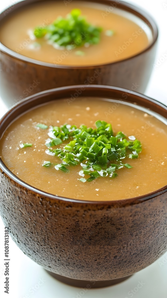 Food, Japanese Dish Miso Soup, on White Background, Photo Realistic, Wallpaper, Cover and Screen for Smartphone, PC, Laptop, 9:16 and 16:9 Format Food, Japanese Dish Miso Soup, on White Background, Photo Realistic, Wallpaper, Cover and Screen for Smartphone, PC, Laptop, 9:16 and 16:9 Format