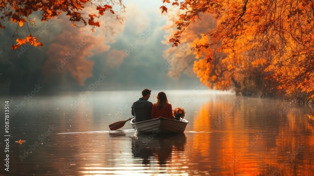 Romantic couple in a small rowboat on a tranquil autumn lake, surrounded by vivid orange and red trees, the man rowing gently while the woman admires the scenery with a bouquet of flowers. Romantic couple in a small rowboat on a tranquil autumn lake, surrounded by vivid orange and red trees, the man rowing gently while the woman admires the scenery with a bouquet of flowers.
