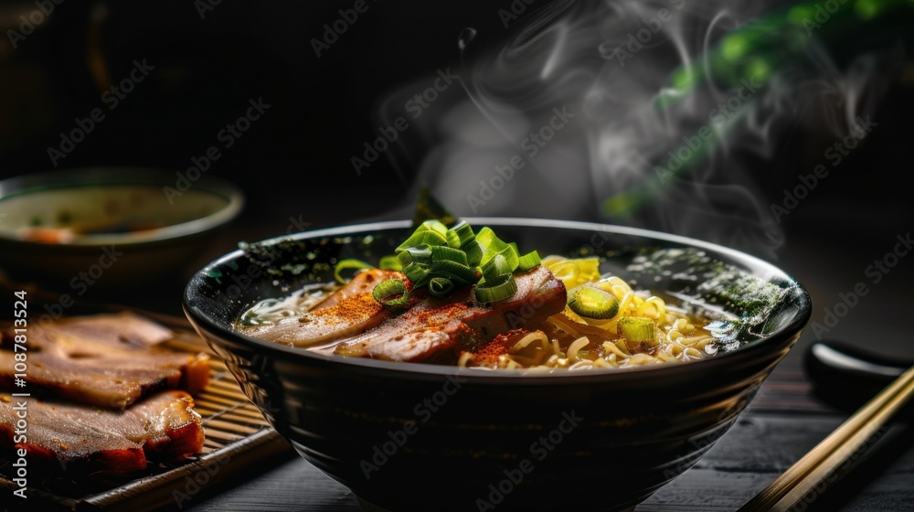 A steaming bowl of authentic ramen noodles garnished with sliced green onions and tender slices of pork belly, Ramen bowl centered A steaming bowl of authentic ramen noodles garnished with sliced green onions and tender slices of pork belly, Ramen bowl centered