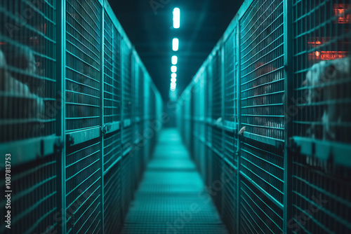 A close-up view of a modern livestock facility at night in cool tones