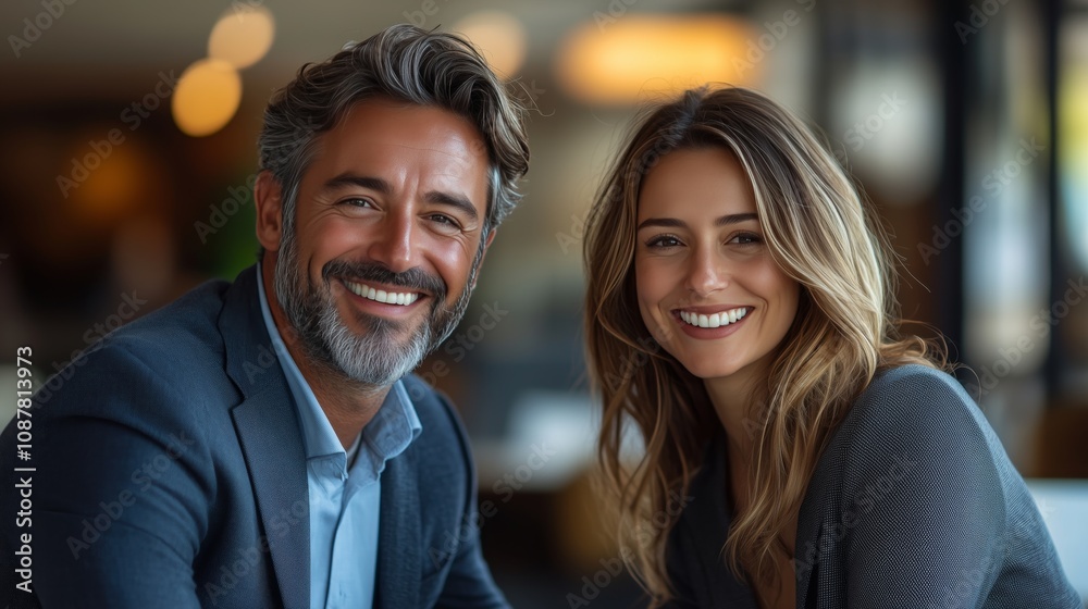 Professional man and woman smiling in a workspace, showcasing diversity and collaboration in a corporate setting Professional man and woman smiling in a workspace, showcasing diversity and collaboration in a corporate setting
