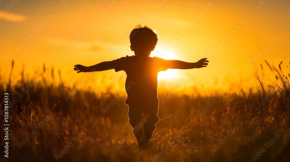 Silhouette of a child with arms outstretched running towards the setting sun in a field. Silhouette of a child with arms outstretched running towards the setting sun in a field.