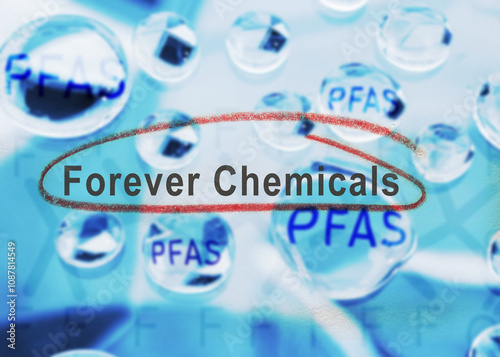 Water drops with PFAS and Forever Chemical text -- water contamination concept photo