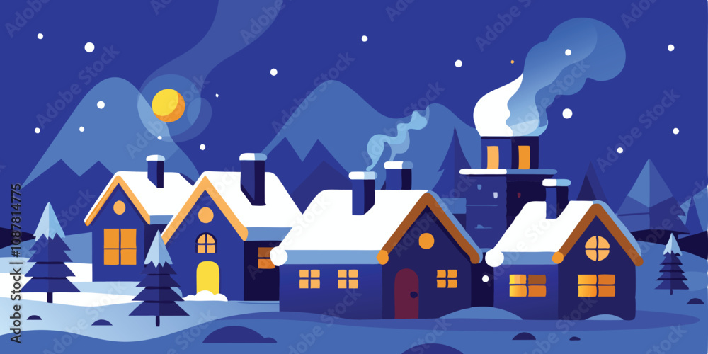Fototapeta premium Winter village scene with house and the moon in the background.