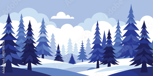 Snowy Flat illustration with trees and a blue sky with a snow covered landscape.