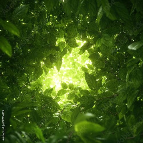 Lush green forest canopy with sunlight filtering through leaves