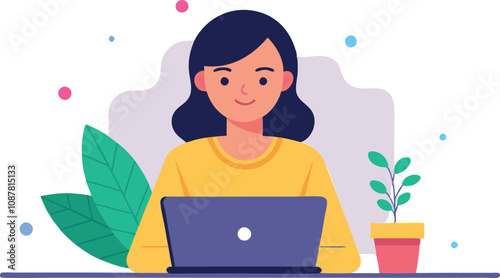 Flat illustration of a woman sitting at a desk using a laptop, with a plant in the background for a cozy workspace