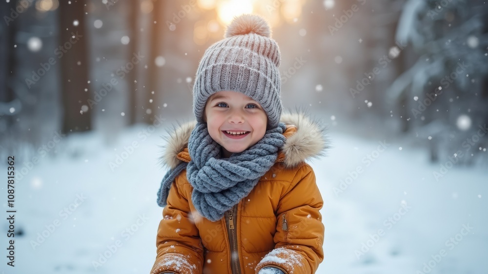 A young child wearing an orange coat and gray hat enjoys the snowy landscape, smiling joyfully amidst falling snowflakes in a tranquil forest setting A young child wearing an orange coat and gray hat enjoys the snowy landscape, smiling joyfully amidst falling snowflakes in a tranquil forest setting