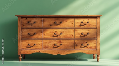 A stunning depiction of a vintage wooden dresser featuring intricately carved handles, perfect for showcasing elegance in home decor or interior design projects.