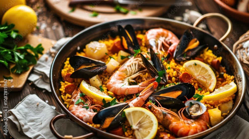 A sumptuous seafood paella served in a traditional Spanish pan, brimming with shrimp A sumptuous seafood paella served in a traditional Spanish pan, brimming with shrimp
