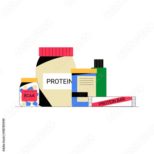 Protein And Nutritional Supplements In Flat Vector Illustration Symbolizing Health, Fitness, And Wellness, Isolated On White Background.