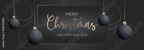 Christmas banner on black background with New Year's balls. Golden circles. Winter vector illustration, New Year poster, greeting card