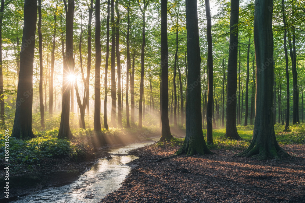 Mystical forest scene at sunrise with sunbeams through trees Mystical forest scene at sunrise with sunbeams through trees