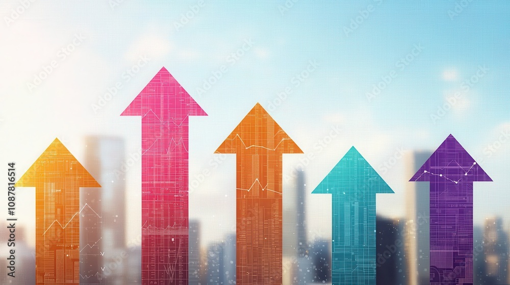 A vibrant graphic depicting colorful upward arrows symbolizing growth, success, and progress against a blurred city skyline background. A vibrant graphic depicting colorful upward arrows symbolizing growth, success, and progress against a blurred city skyline background.